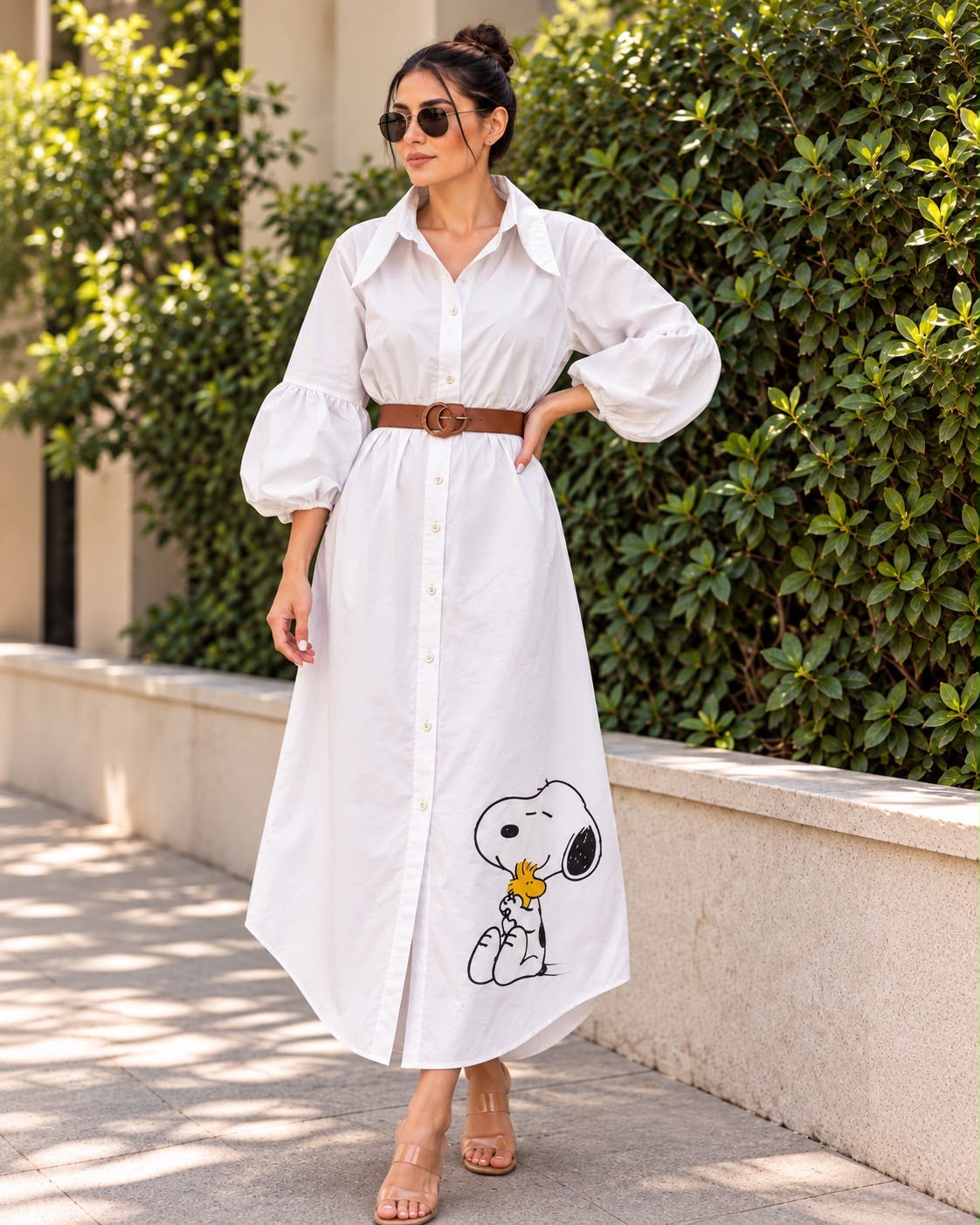 White Snoopy & Woodstock Belted Maxi Dress