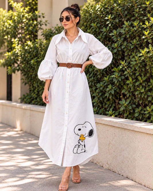 White Snoopy & Woodstock Belted Maxi Dress