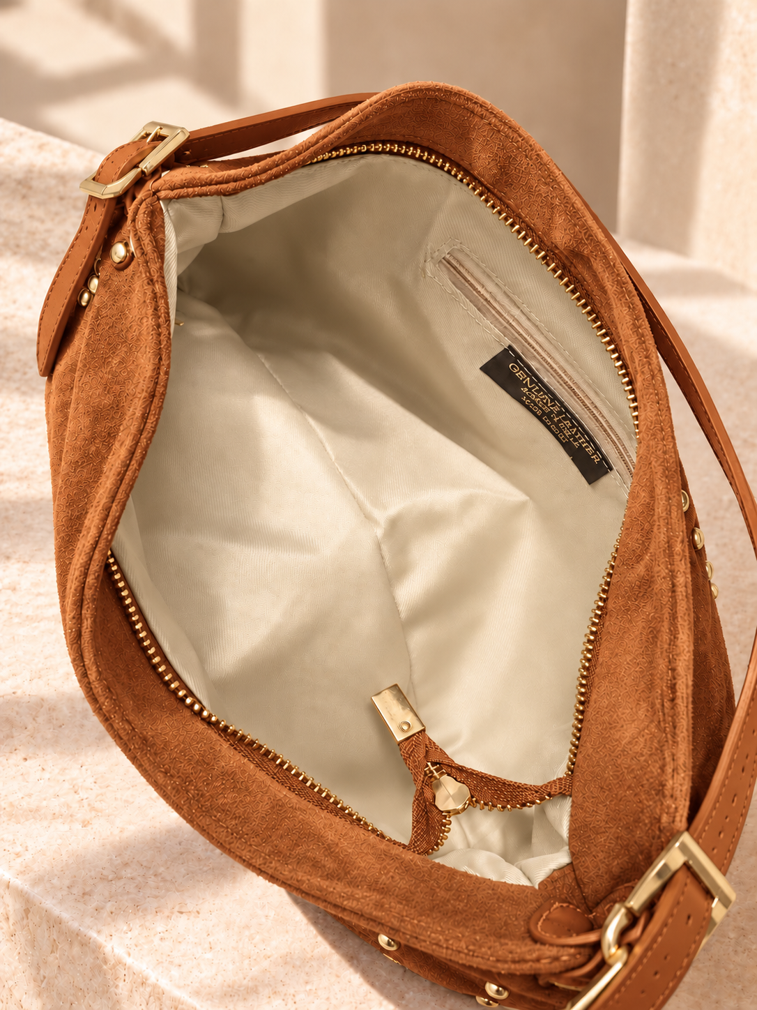 Camel Italian Studded Suede Shoulder Bag