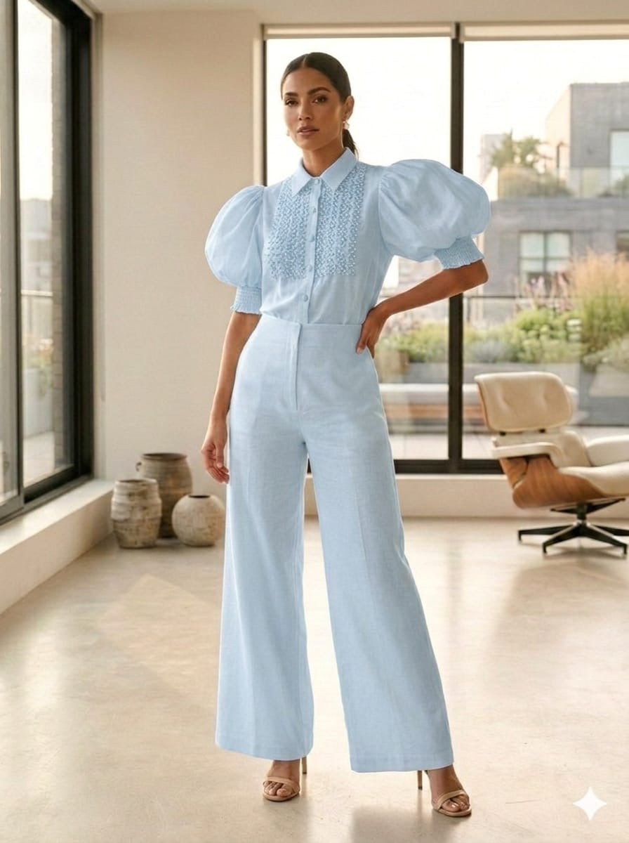 Elegant Blue Set with Embroidered Blouse & Straight-Leg Pants