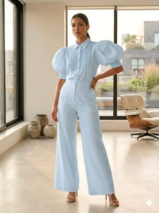 Elegant Blue Set with Embroidered Blouse & Straight-Leg Pants