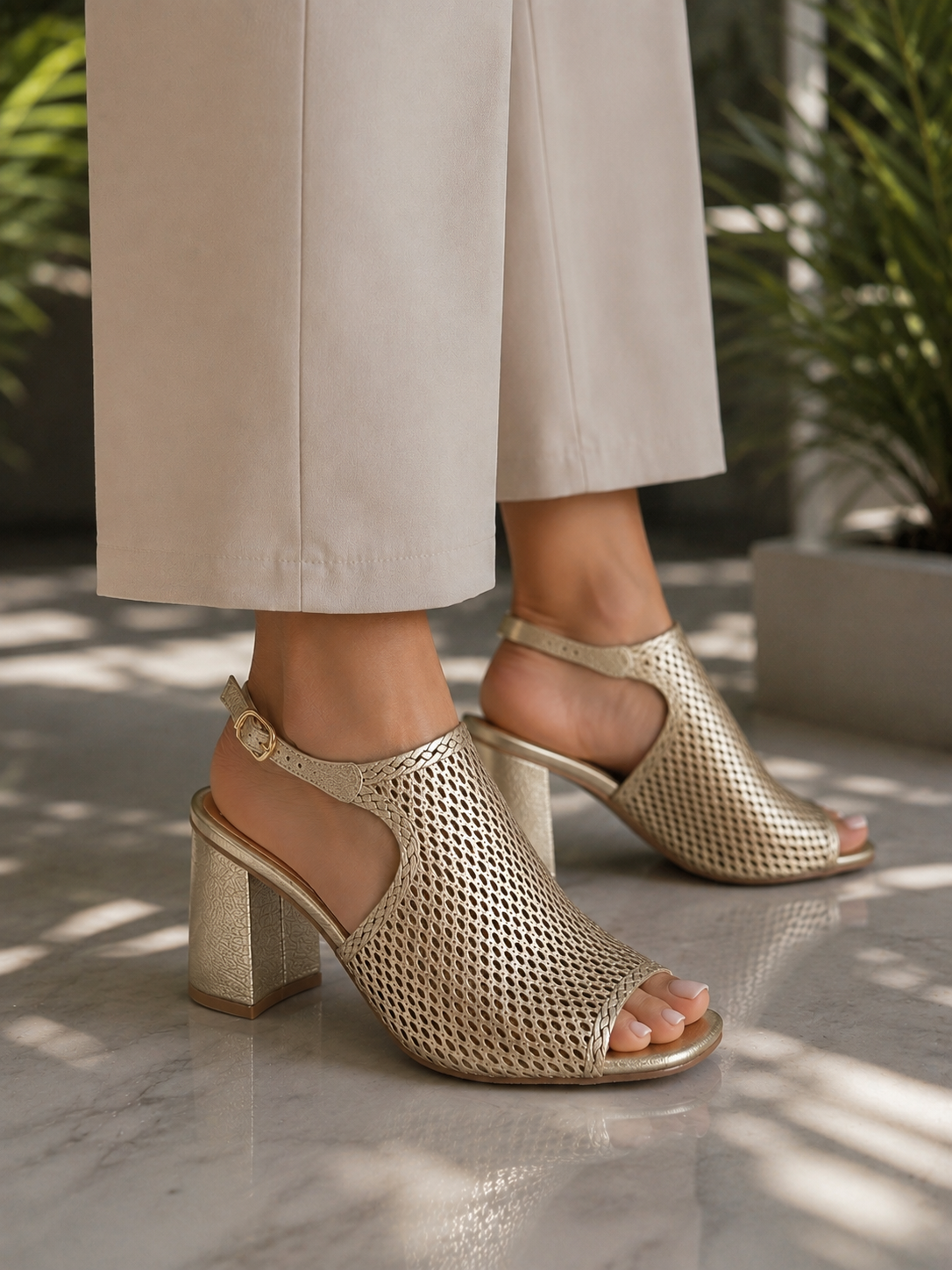 Bottero Metallic Leather Block Heel Sandal Gold