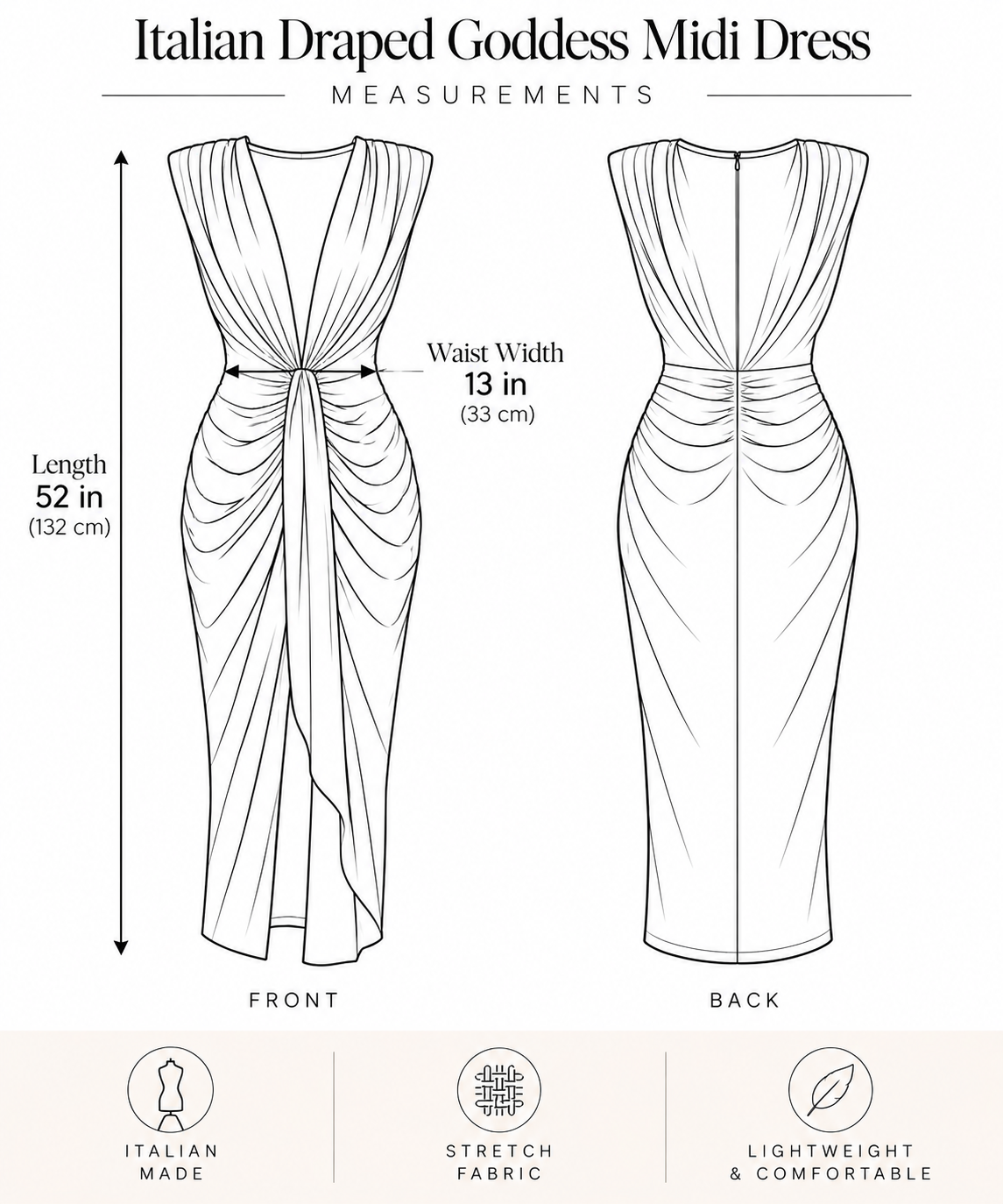Italian Draped Goddess Midi Dress Metallic Antique Gold