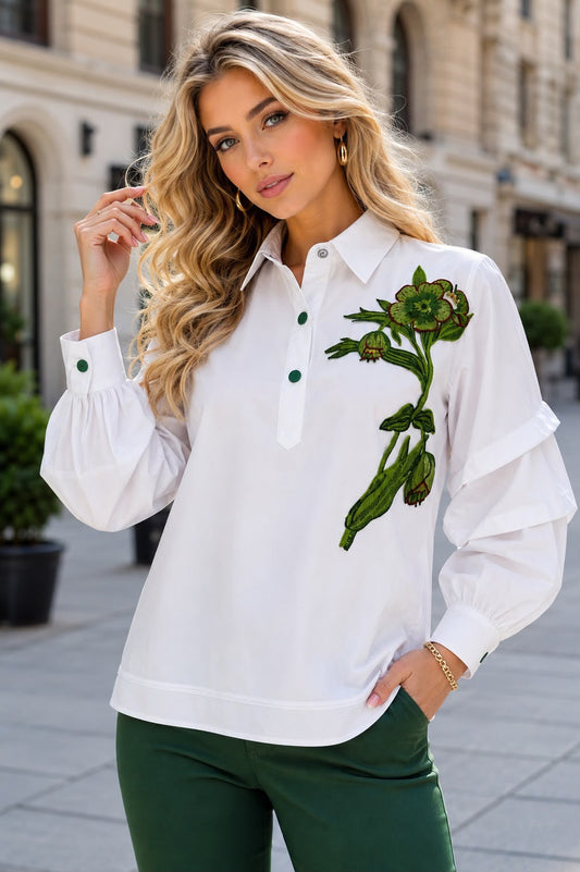 Floral Embroidered Statement Blouse (White & Green)