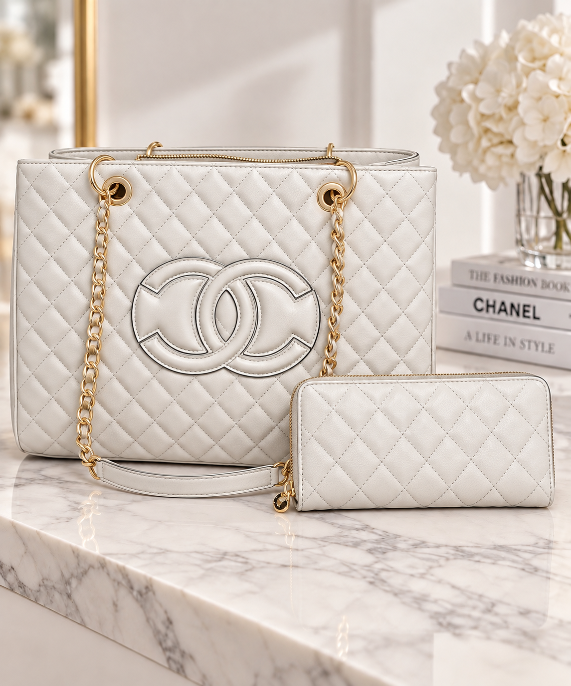 Quilted Luxe Tote & Wallet Set White