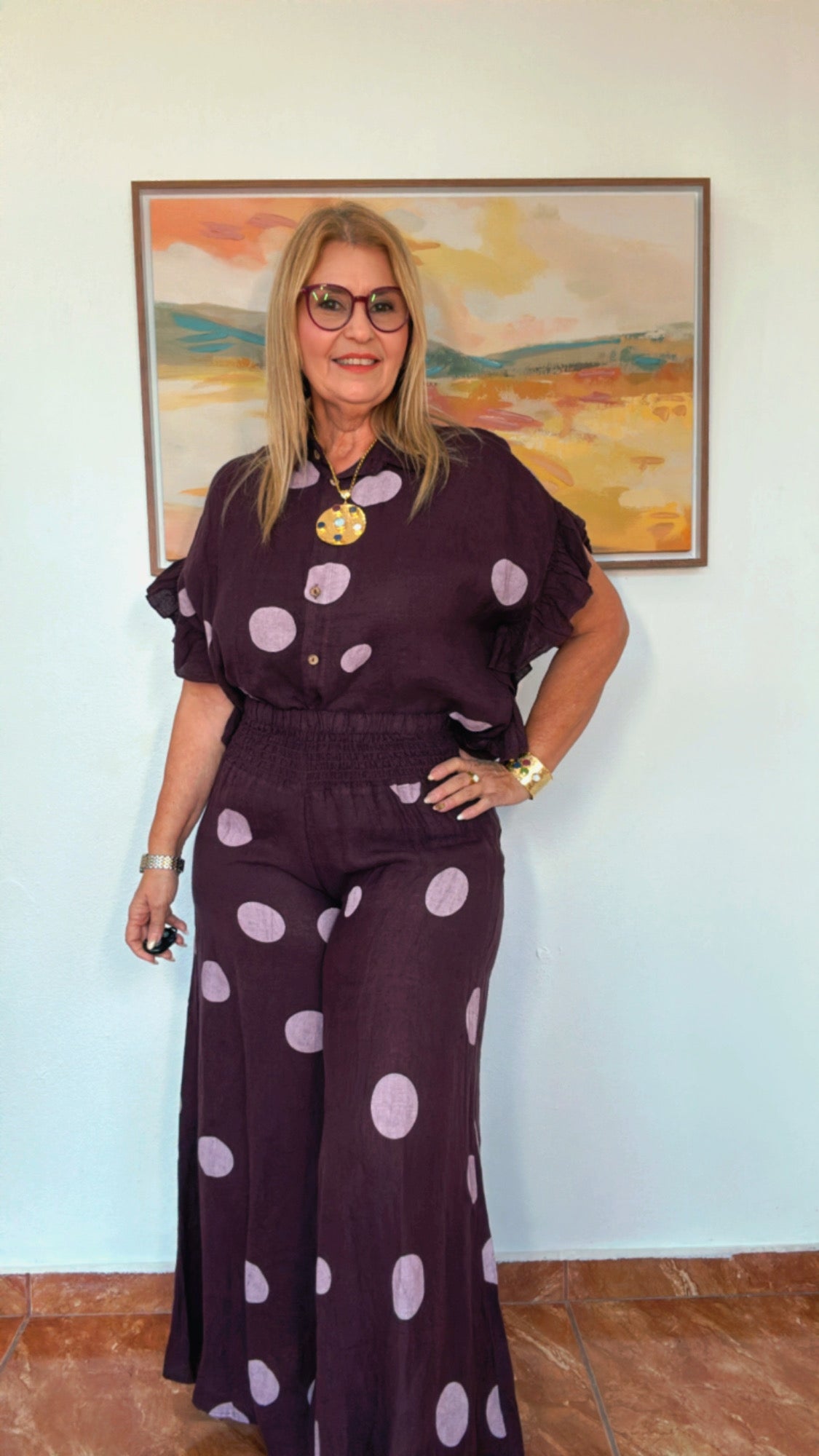 Italian Linen Pant with Dots Berry