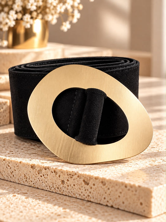 Black Suede Geometric Gold Buckle Belt