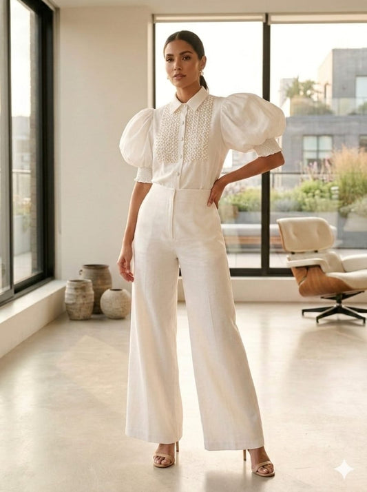 Elegant White Set with Embroidered Blouse & Straight-Leg Pants