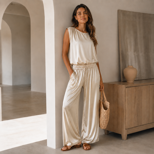 Italian Champagne Satin Elegance Two-Piece Set