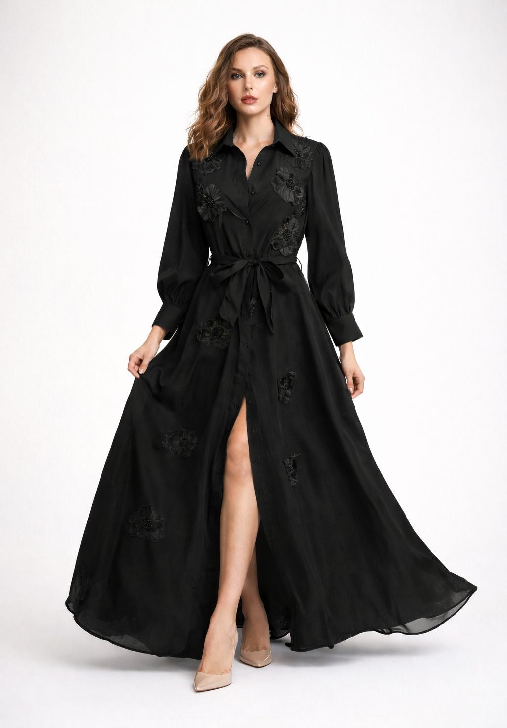 N by Nancy Flower Apliques Maxi Shirt Dress