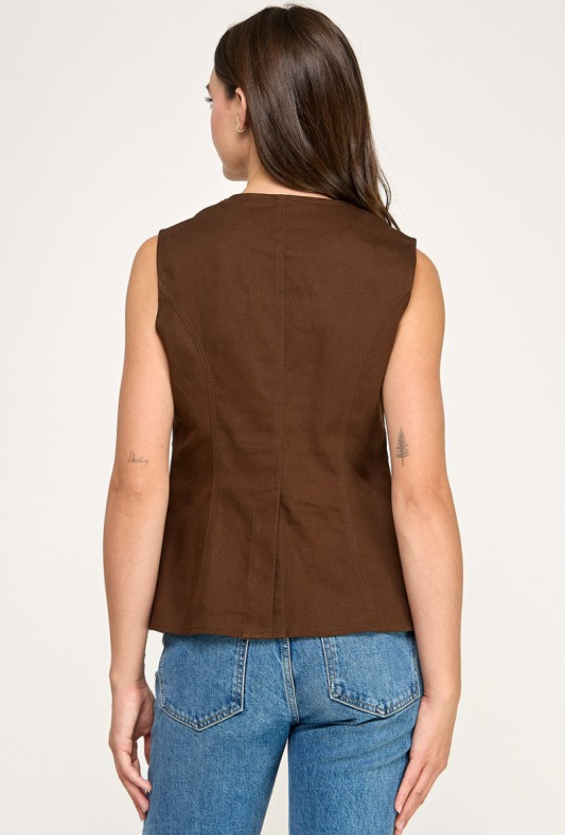 Sleeveless Metal Button Detail Denim Shirt Brown