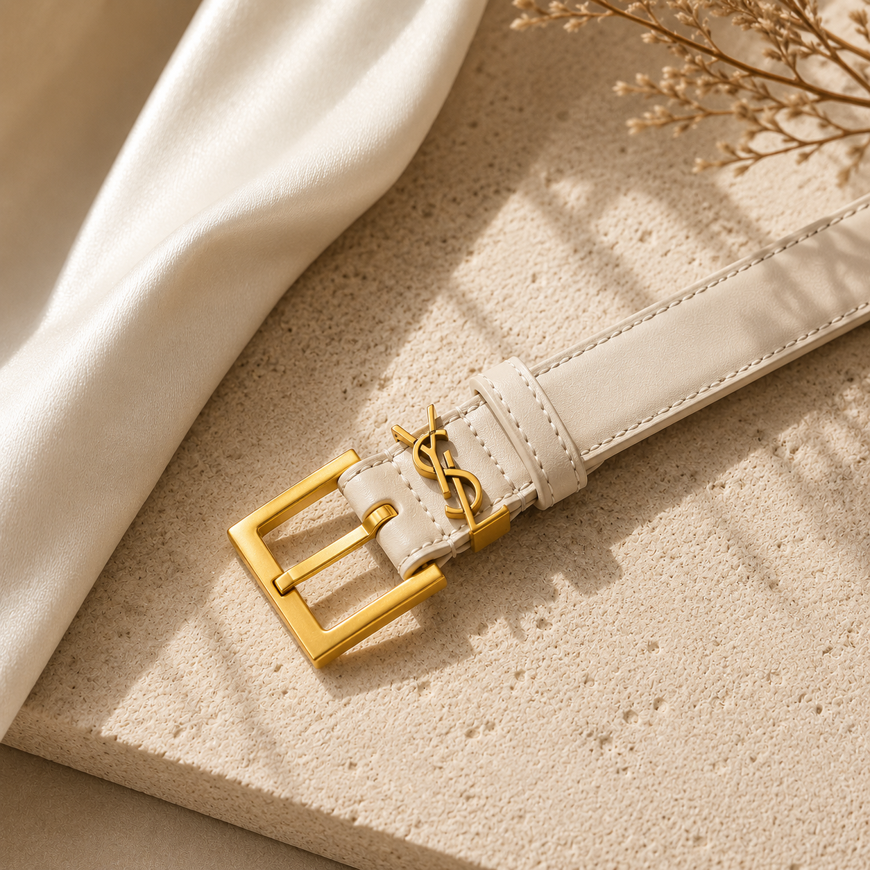 Designer-Inspired Monogram Buckle Belt Ivory