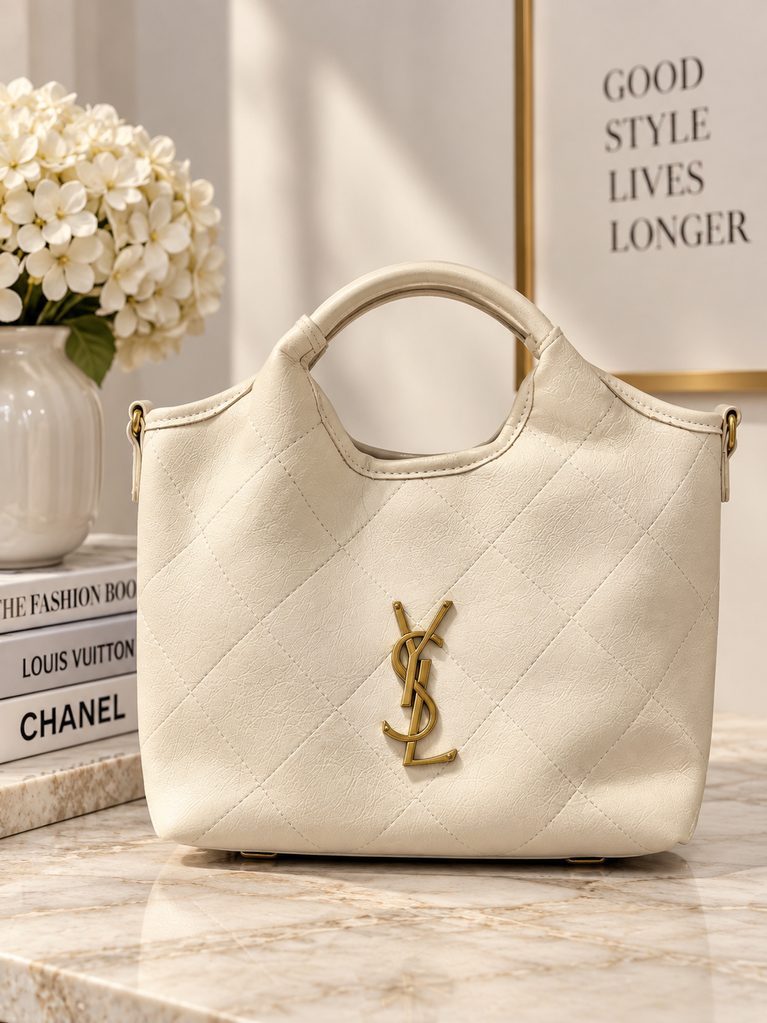 Designer-Inspired Quilted Top Bag Beige