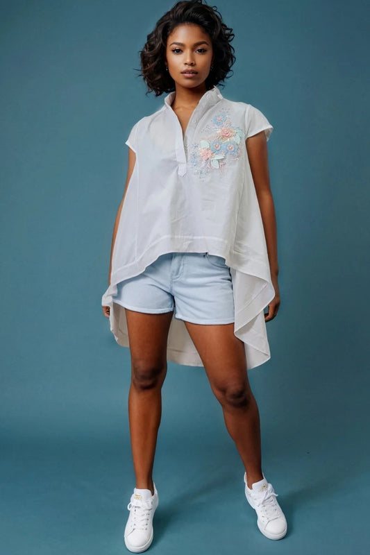 N by Nancy Blouse in White Features Delicate Pastel Floral Embroidery