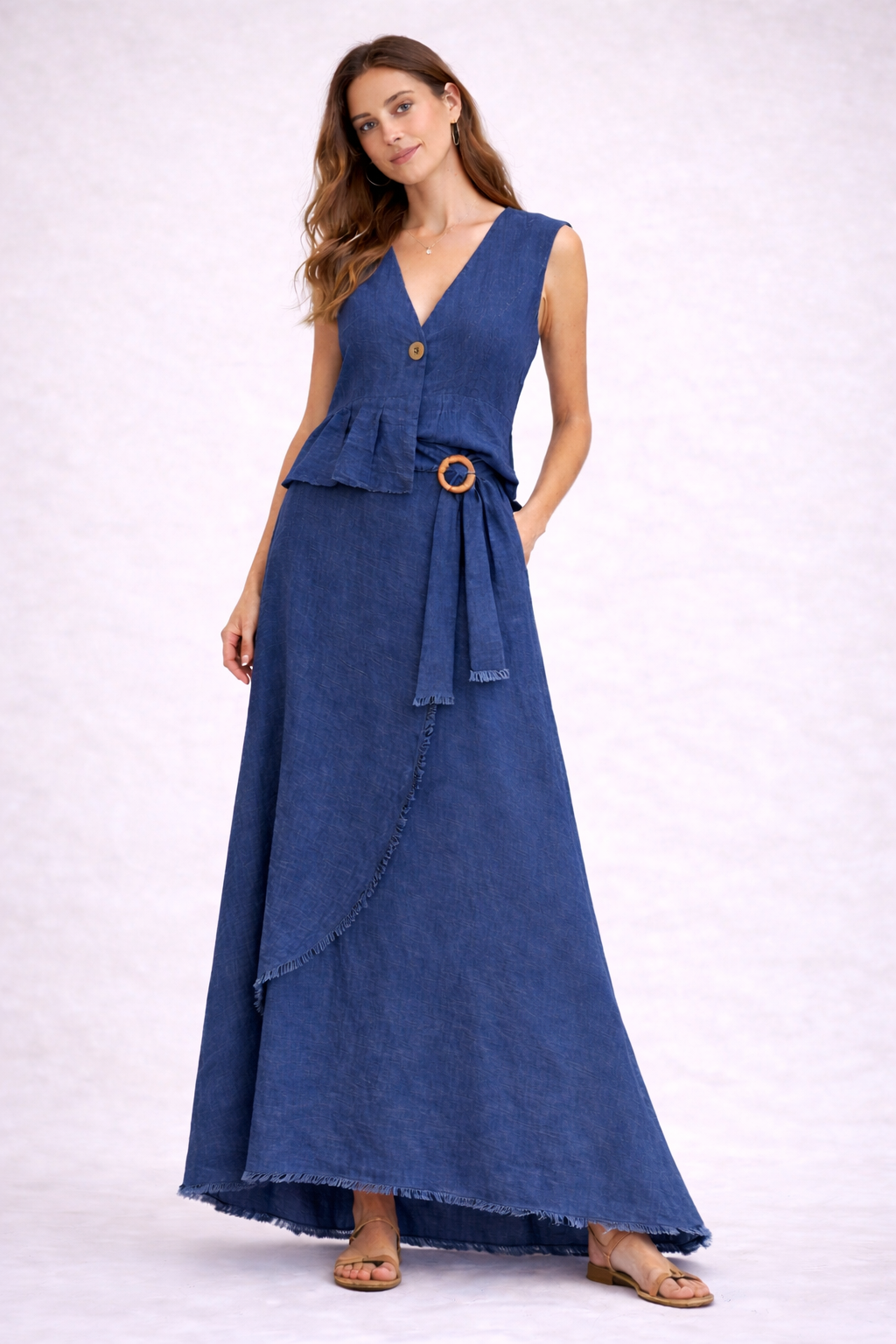 Italian Linen Set in Navy Blue with Asymmetrical Skirt and Natural Button Detail