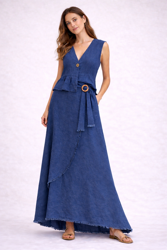 Italian Linen Set in Navy Blue with Asymmetrical Skirt and Natural Button Detail