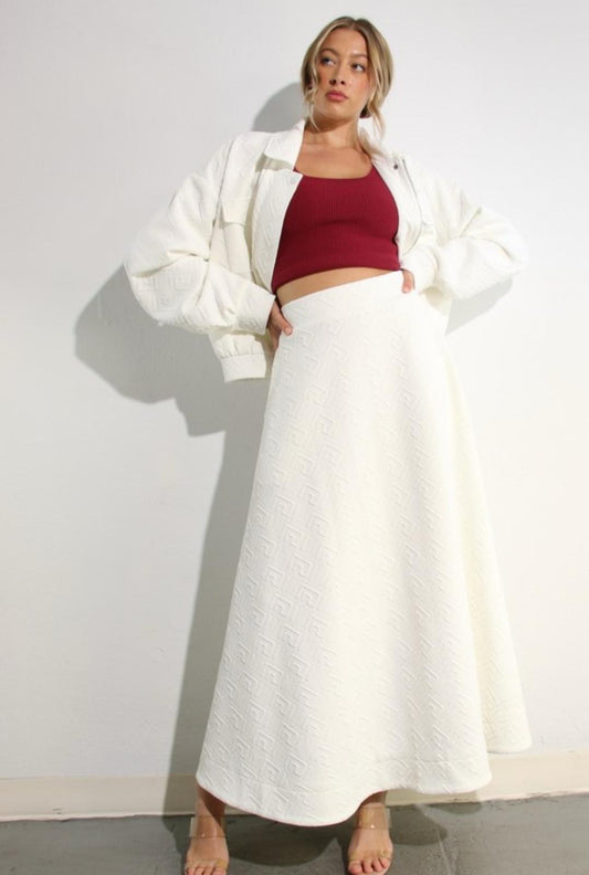 Embossed Skirt & Jacket White Set