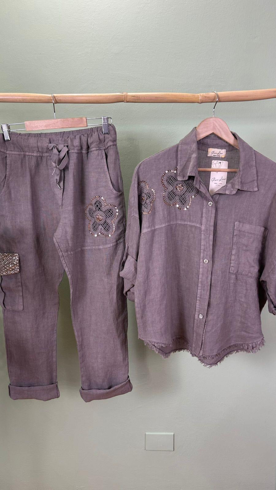 Flower Italian Linen Set Grey