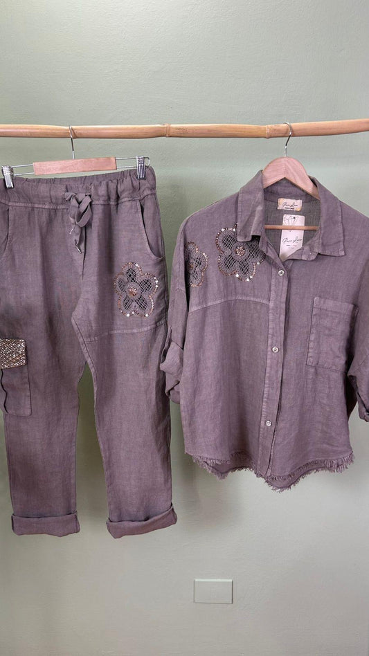 Flower Italian Linen Set Grey