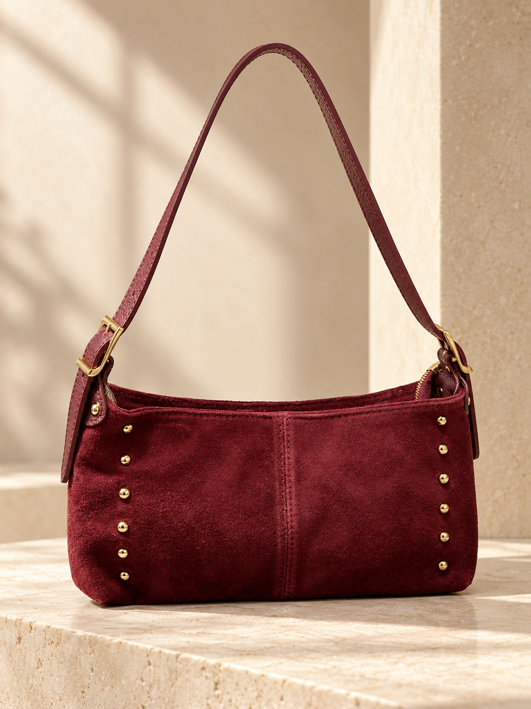 Burgundy Italian Studded Suede Shoulder Bag