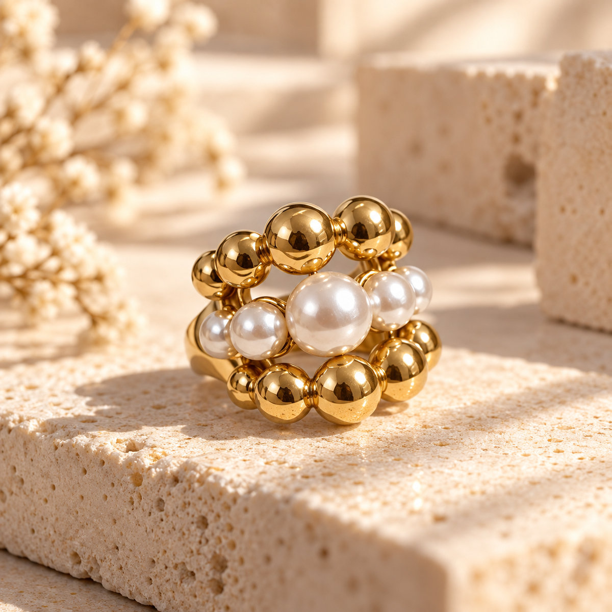 Pearl & Gold Beaded Statement Ring