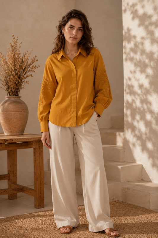 Italian Shirt with Sleeves Embroidery Mustard