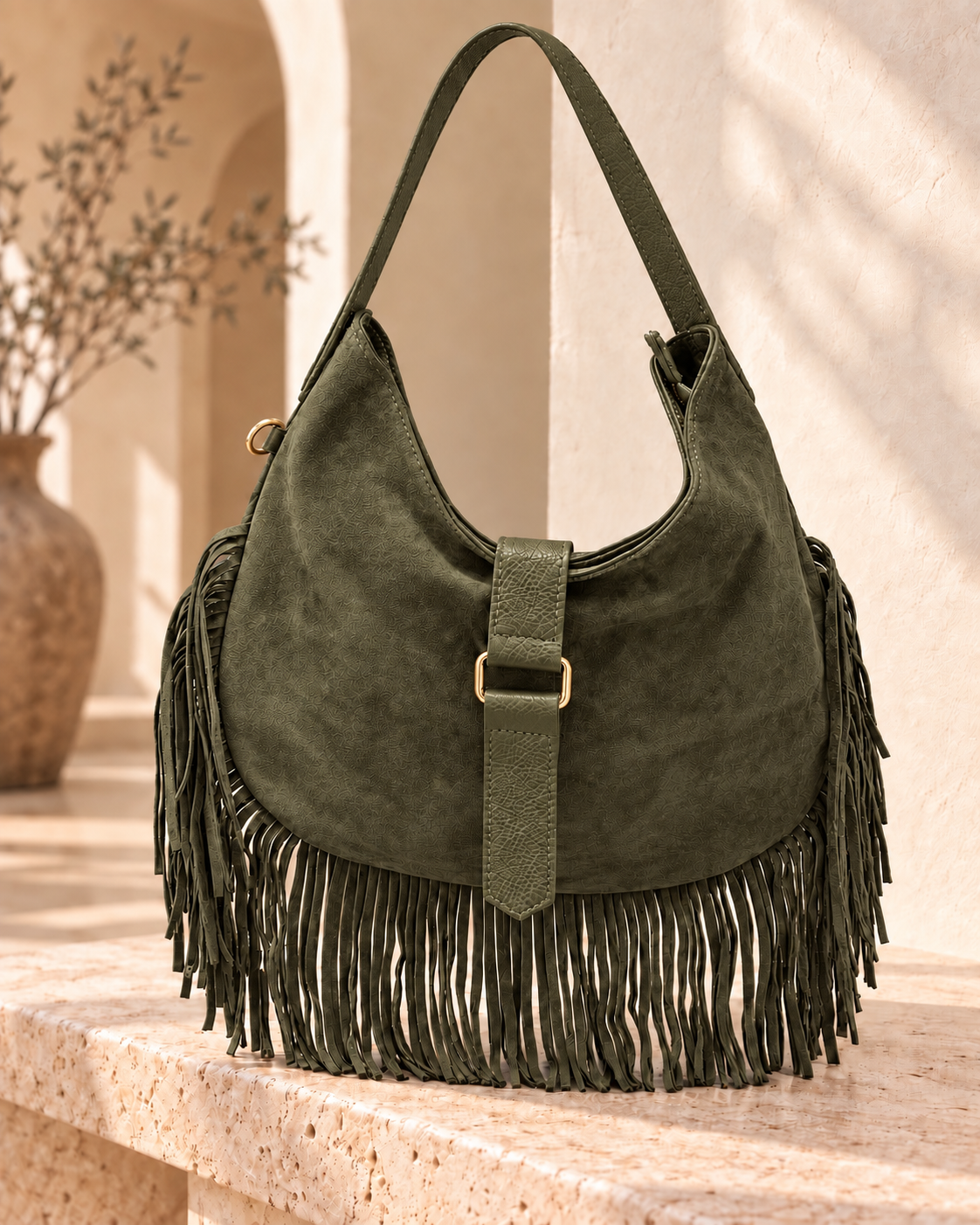 Olive Boho Fringe Hobo Bag