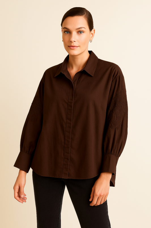 Italian Shirt with Sleeves Embroidery Brown