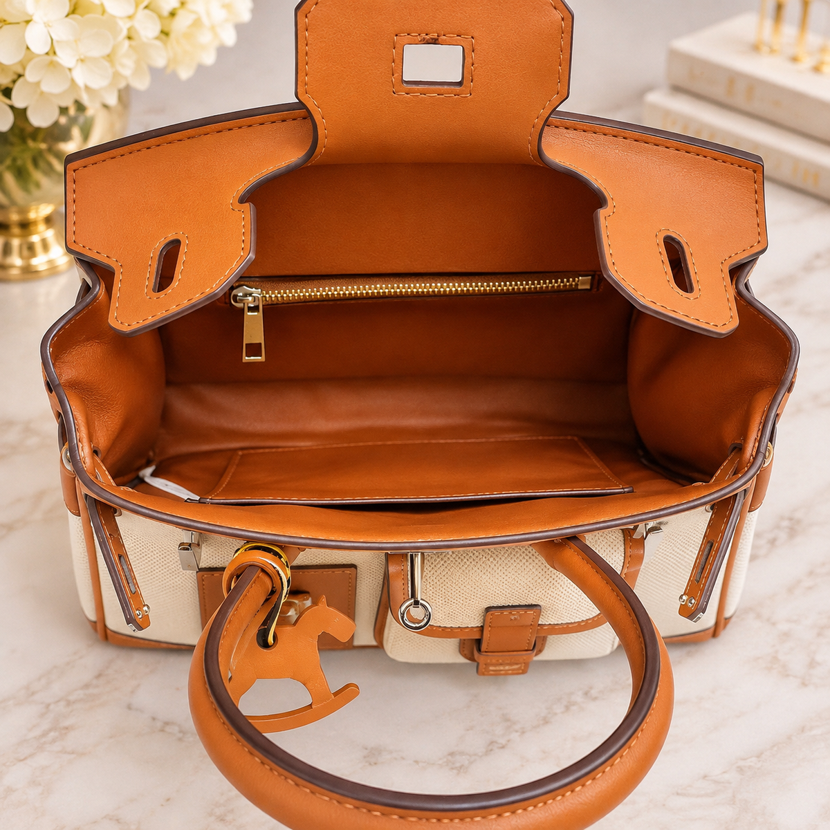 Camel Cargo Chic Two-Tone Satchel