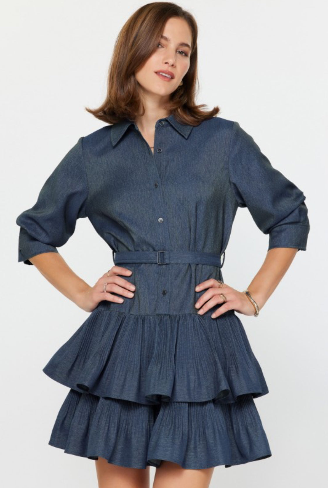 Denim Tiered Mini Shirt Dress