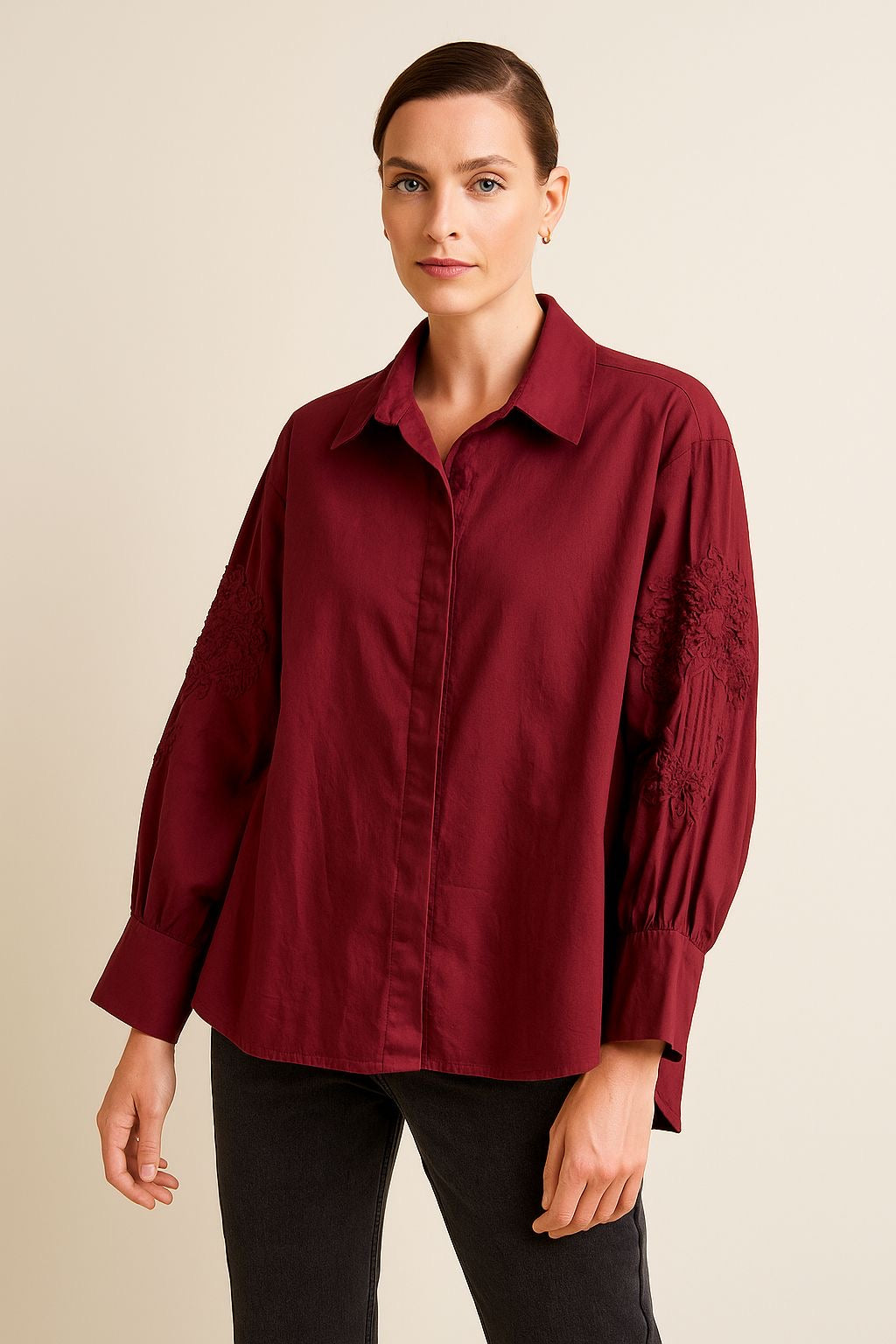 Italian Shirt with Long  Embroidery Sleeves Wine