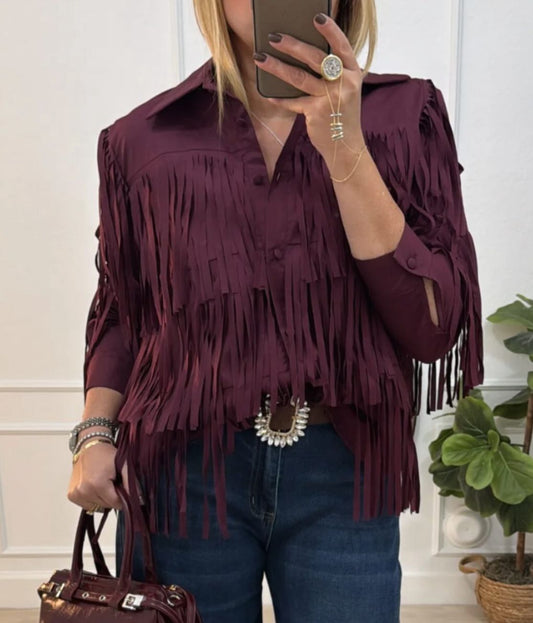 Italian Fringes Button Down Top Wine