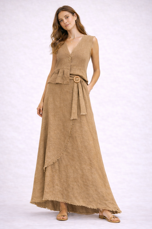 Italian Linen Set in Beige with Asymmetrical Skirt and Natural Button Detail