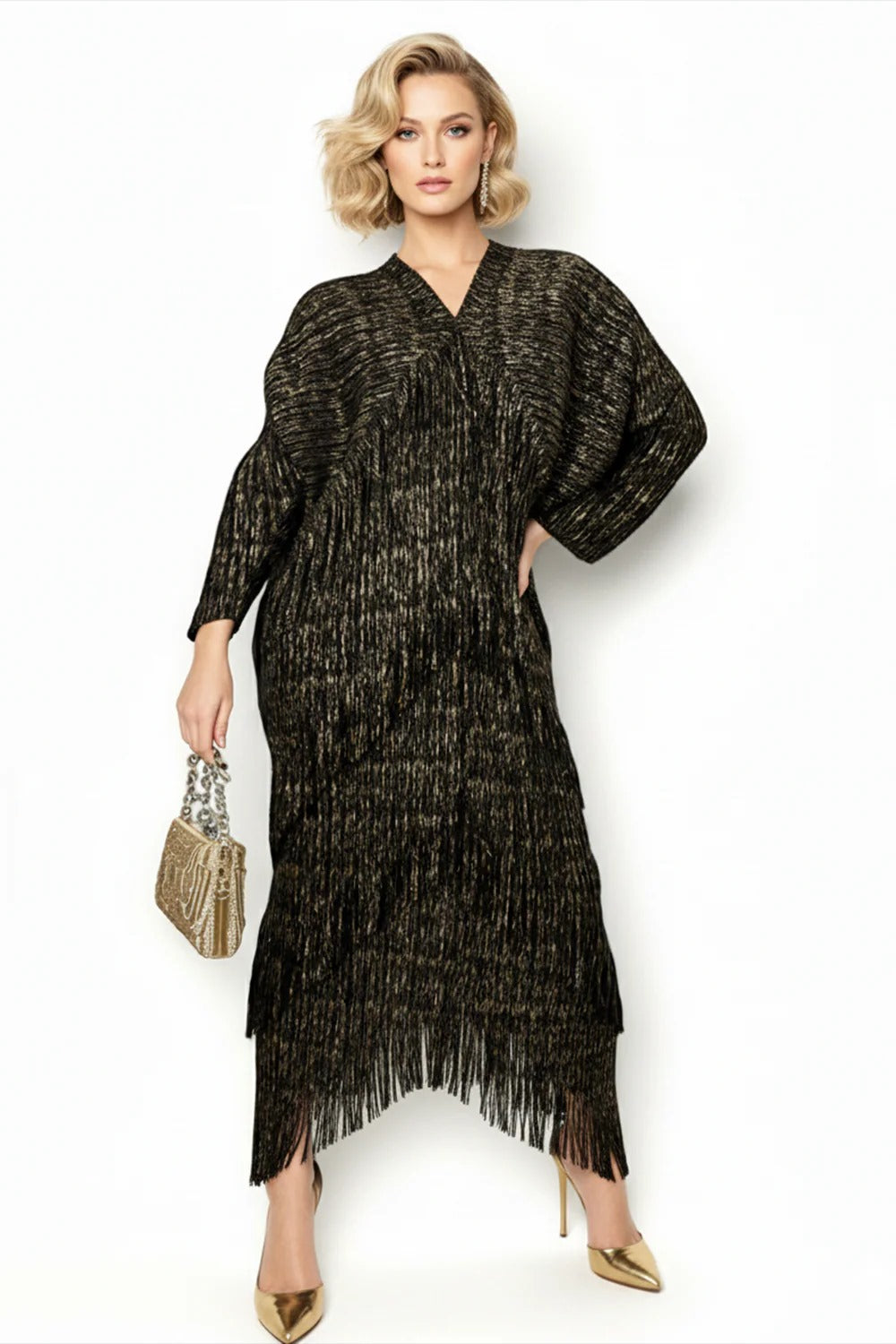 Fringe V Neck Dress Black