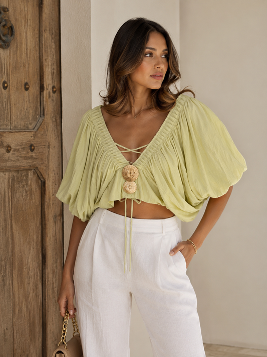Lime Green Gold Buttons Crop Top