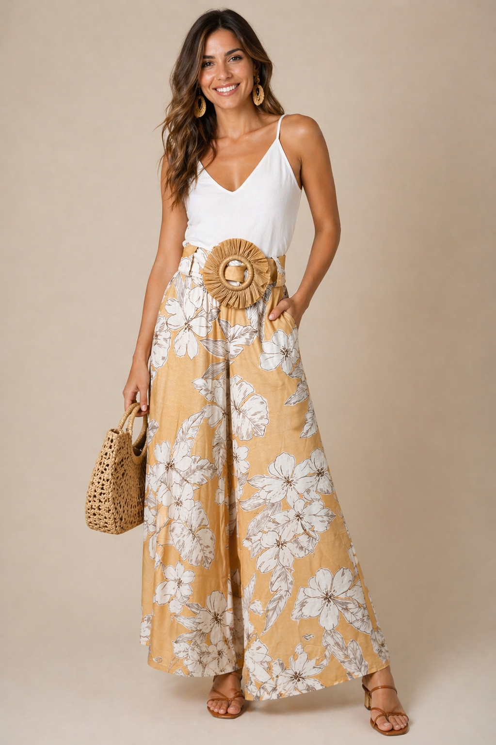 Flower Palazzo With Sumer Belt Beige