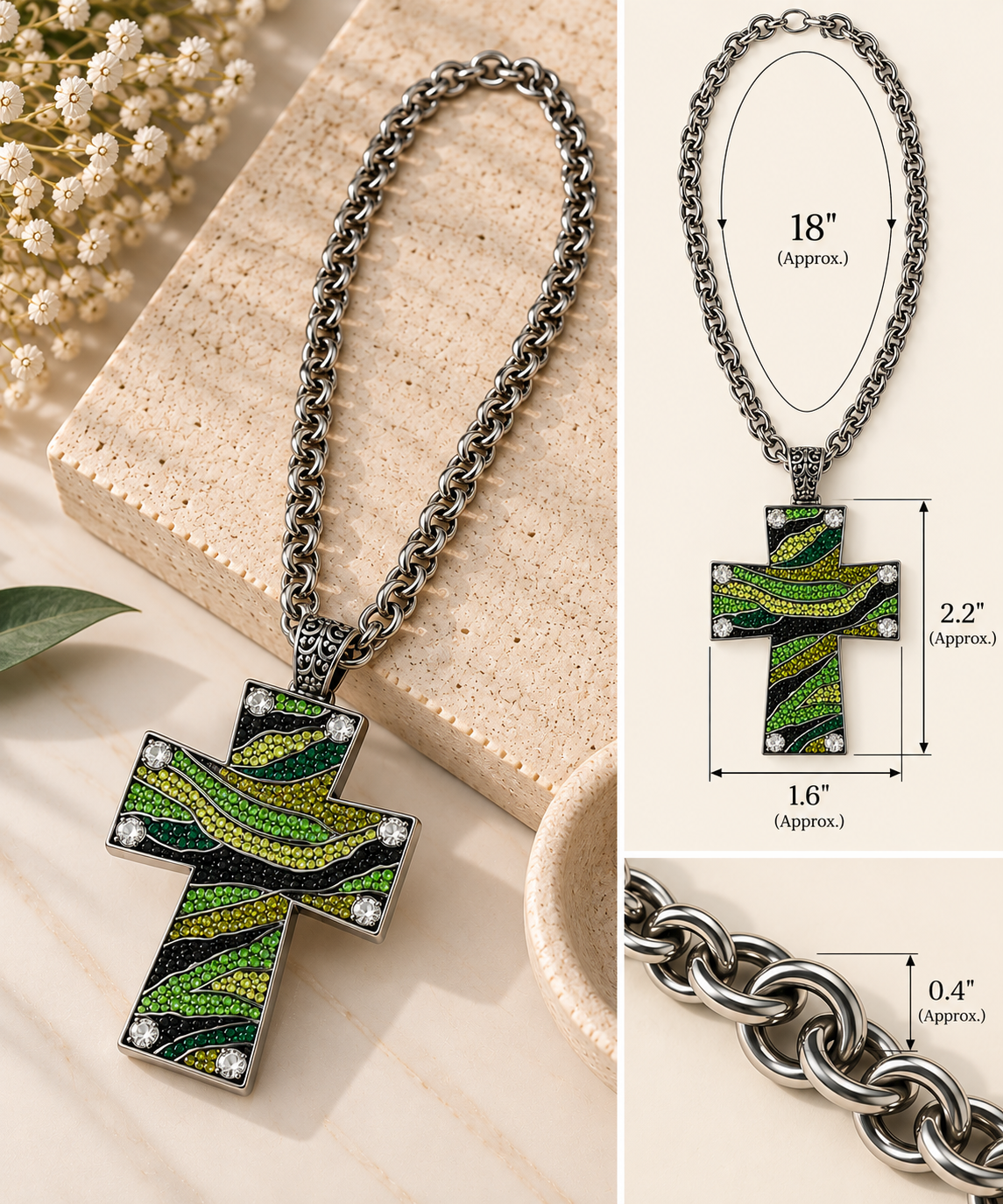 Emerald Wave Crystal Cross Necklace