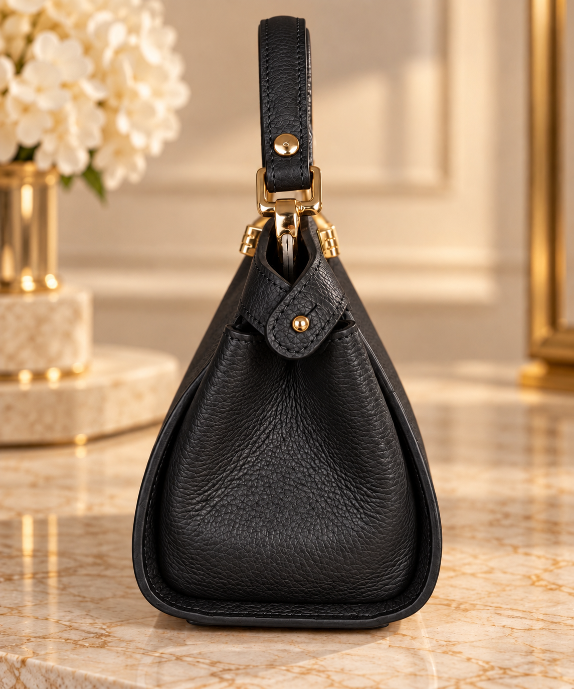 Black Italian Leather Structured Top Handle Handbag