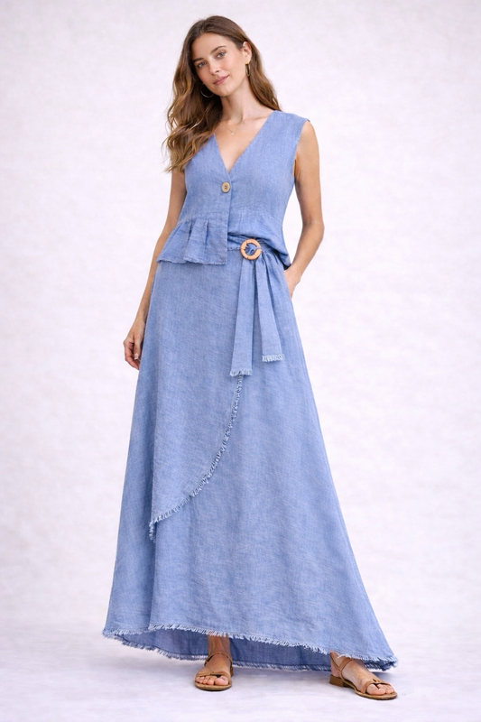 Italian Line Set in Blue With Asymmetrical Skirt and Natural Botton Details