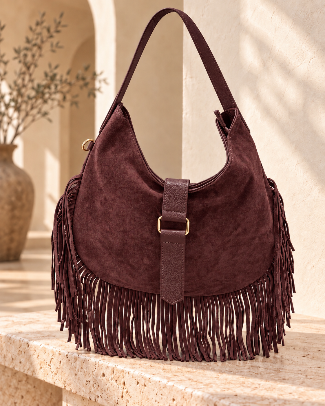 Burgundy Boho Fringe Hobo Bag