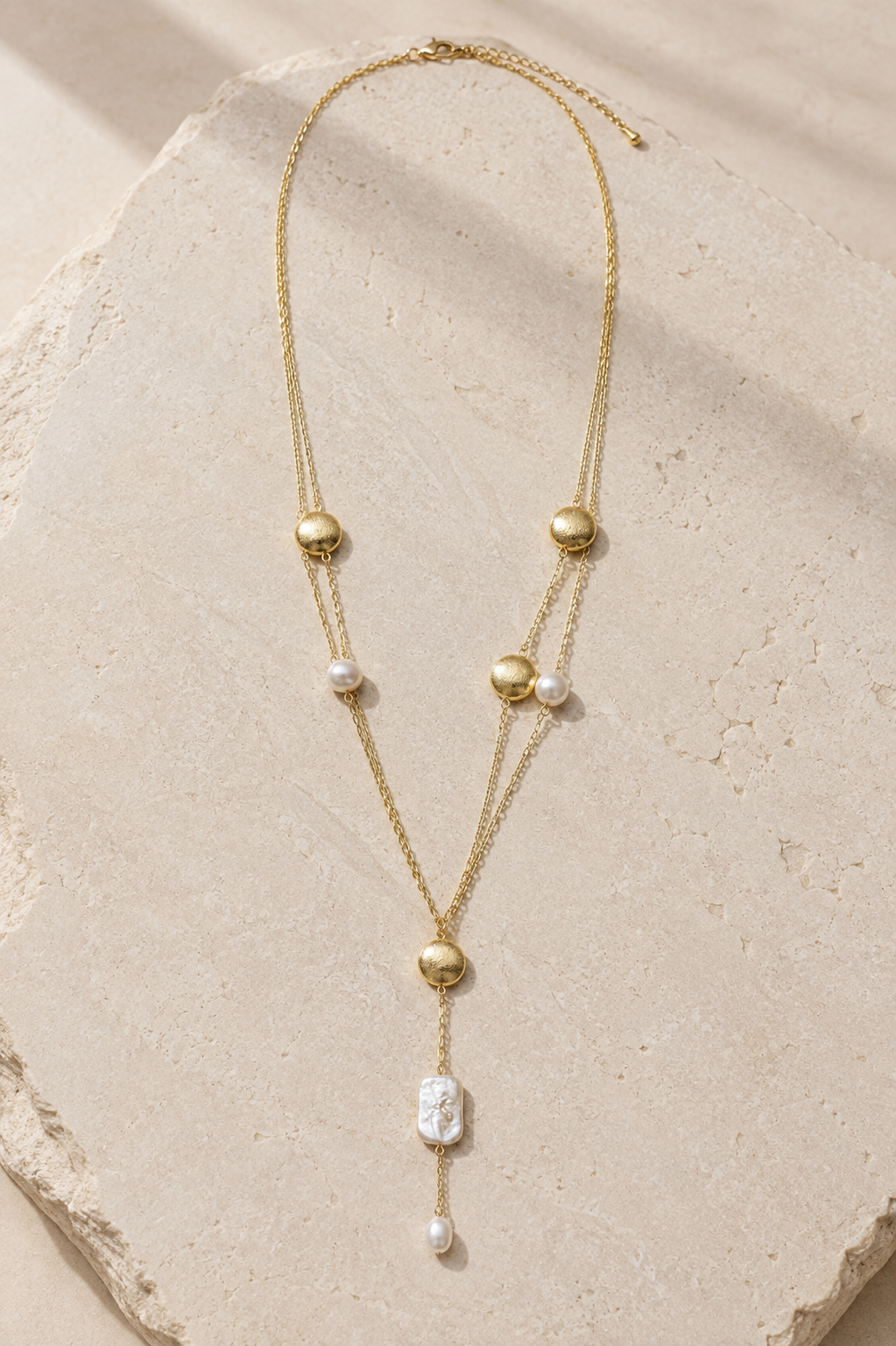 Golden Pearl Lariat Necklace