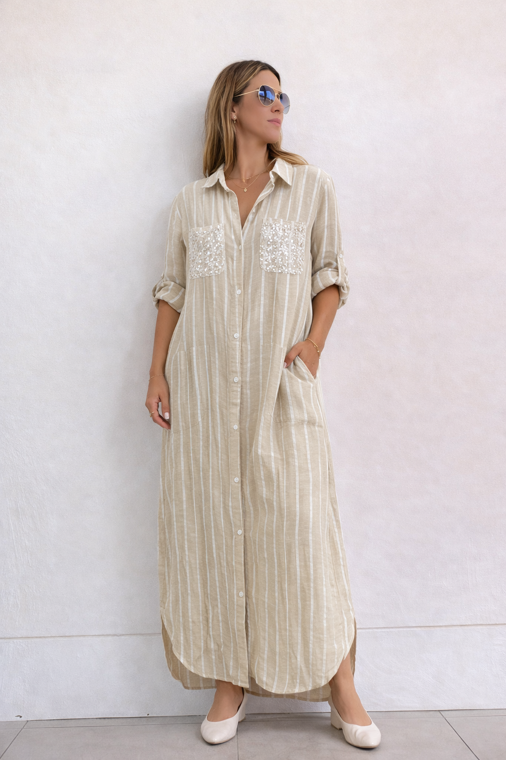 Italian Beige Striped Linen Long Shirt with Embroidered Pockets