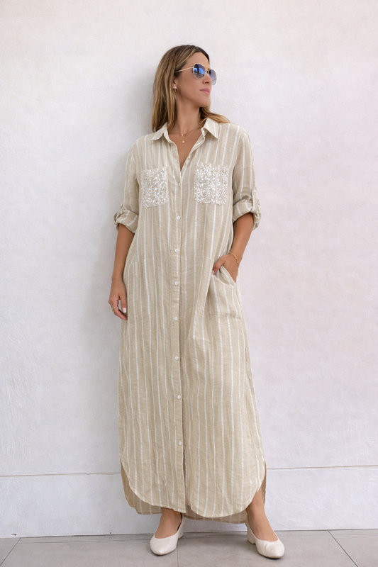 Italian Beige Striped Linen Long Shirt with Embroidered Pockets