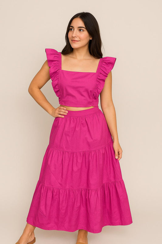 Maxi Ruffle Skirt and Top Fushia Set