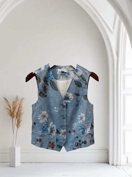 Denim Print Vest Floral Blue
