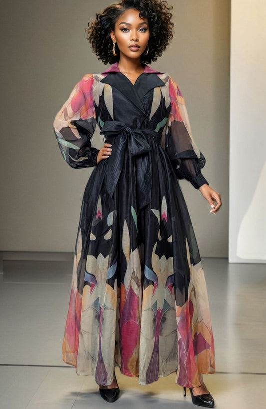 Black Dress With Vibrant Multicolored Floral Design N' by Nancy