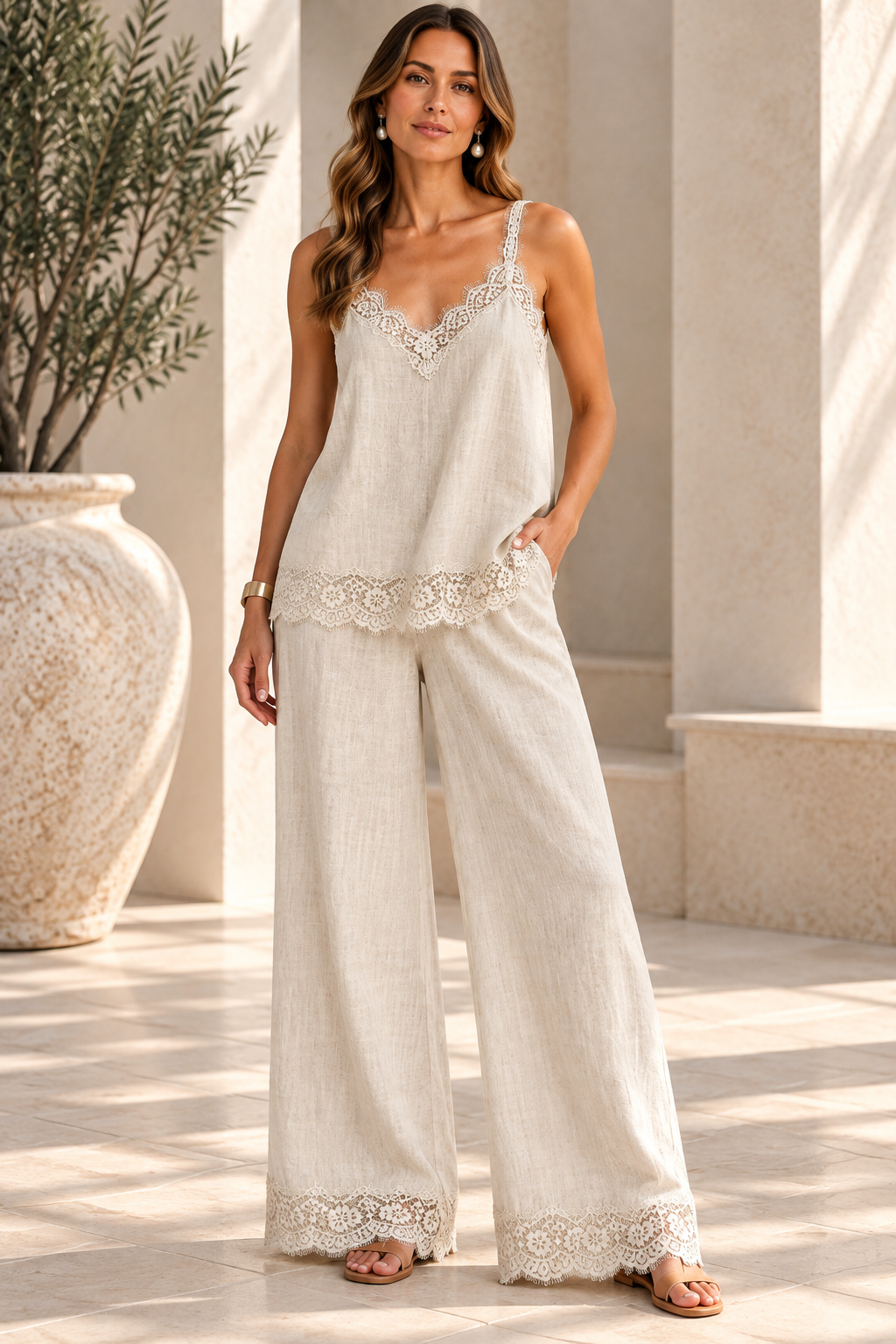 Italian Beige Linen Lace Set