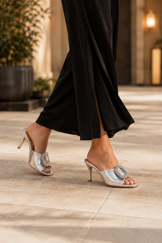 Bottero Leather Silver Crystals Bucket Accent Sandals