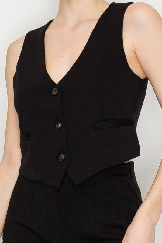 Button - Down Crop Vest Top Black
