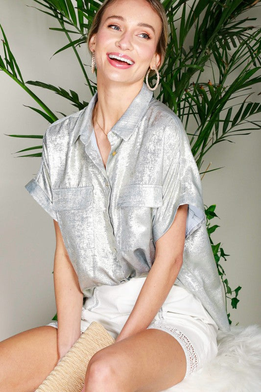 Metalic Blouse with Pocket in Silver